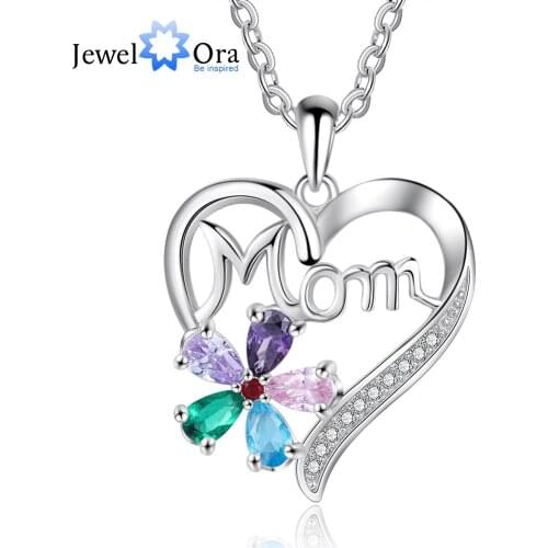 JewelOra Personalized Mom Heart Pendent Necklace Customize 5 Birthstones Flower Necklaces for Women Mothers Day Gift