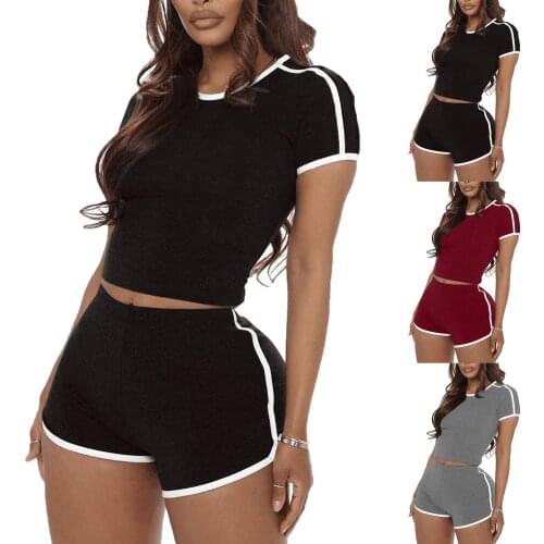 Two Piece Sets Women Solid Summer Tracksuits High Waist Stretchy Sportswear Sexy Crop Tops And Short Sets 2 Piece Outfits