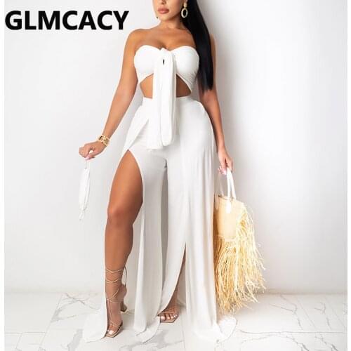 Two Piece Summer Beach Suits Tie Up Tube Top & Slit Loose Pants Set