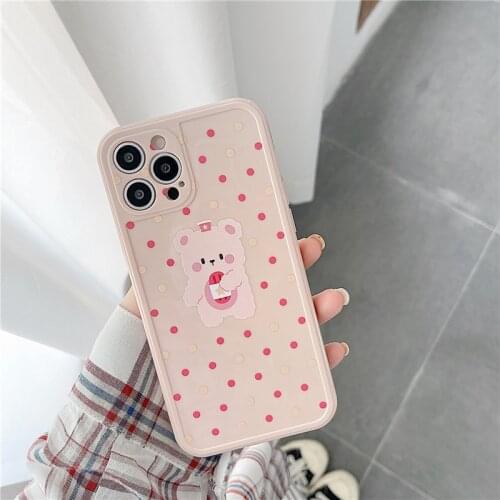 Retro kawaii plush pink bear Korean fashion Phone Case For iPhone 11 12 Pro Max Xr Xs Max 6 7 8 Plus 7Plus case Cute Soft Cover