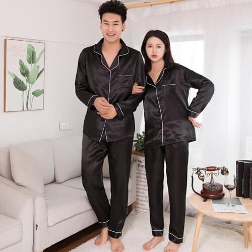 New Women Men Silk Satin Pajamas Set Couples Solid Color Long Sleeve Sleepwear Suit Female Sleep Two Piece Set Loungewear Plus S
