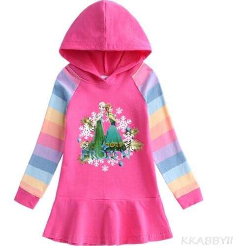 Disneys New Cotton Rainbow Girls' Dress Childrens Long Sleeve Hoodie Frozen Princess Elsa Dress
