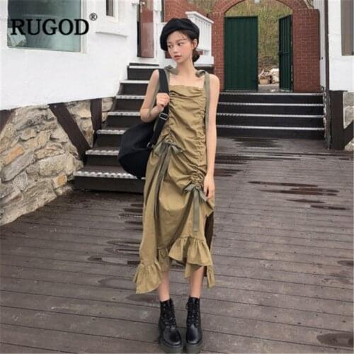 RUGOD 2020 New Arrivals Women Green Asymmetrical Dress Spaghetti Strap Drawstring Side Spilt Loose Vestidos Korean Stylish Dress