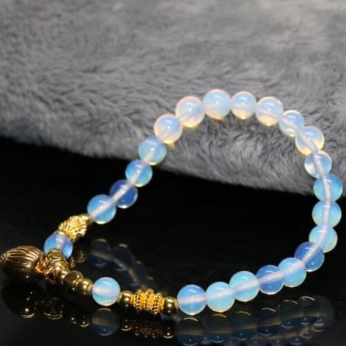 New arrival special design 6mm round opal moonstone stone opalite beads gold-color drop pendant bracelet jewelry 7.5inch B2132