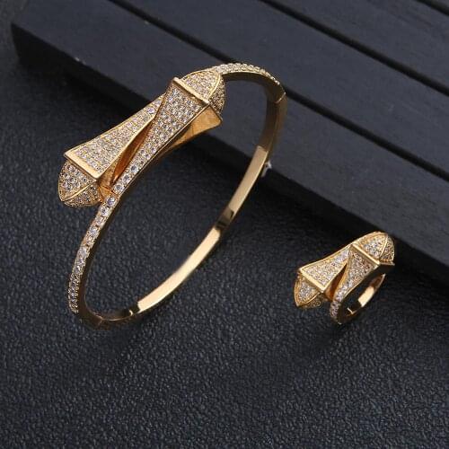 Luxury 2PCS Dubai Bangle Ring Set Fashion Jewelry For Women Wedding Engagement brincos para as mulheres FG1429