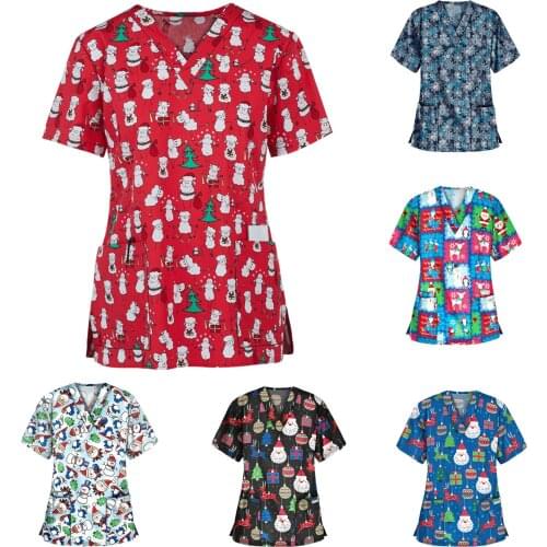 S-3XL Plus Size Thanksgiving Christmas 2020 Clothes New Women Short Sleeve Santa Claus Print Tops Working nurse Uniform