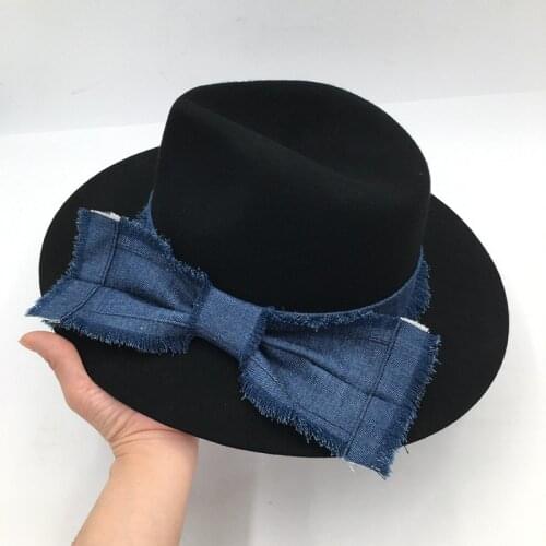 Fedora Hats For Women Autumn Winter Cowboy Bow Jazz Black 100% Wool Top Hat Flat Top Big Wide Brim Cap Female Windproof New 2021