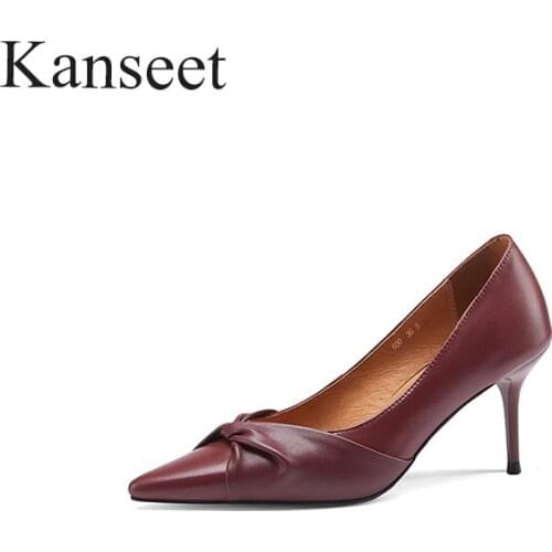 Kanseet 2021 New Women Pumps Spring Autumn Genuine Leather Fashion Design Handmade Pointed Toes Shallow Mouth High Heels