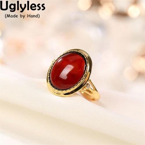 Uglyless Less is More Minimalist Blank Blood Amber Rings for Women Simple Fashion Big Size Gemstones Rings Gold Jewel 925 Silver