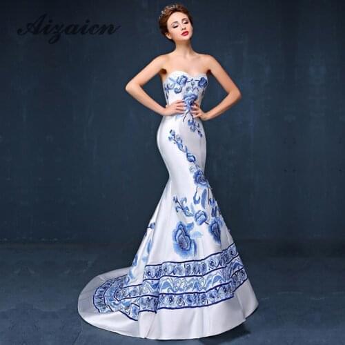 Chinese Style Blue And White Porcelain Evening Dress Mermaid Strapless Appliques Embroidery Backless Sexy Long Cheongsam Dresses