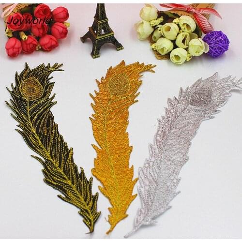 YACKALASI 5 Pcs Gold Lace Appliqued Embroidered Lace Patches Feather Peacock Tails Mix Left And Right 25.5*5.5cm Diy