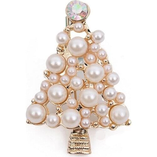 Brooch Stylish Elegant Christmas Tree Diamond Pearl Wedding Bridal Pin Brooches For Women Girls Jewelry (Golden)