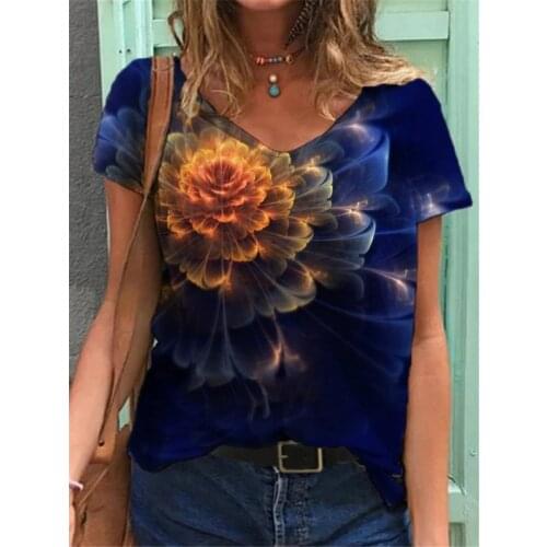 Short Sleeve Casual Women T-Shirts Summer Flower Print Tops 3D Street Fashion Tee Female V-Neck Loose T-Shirt Large Size 5XL Top