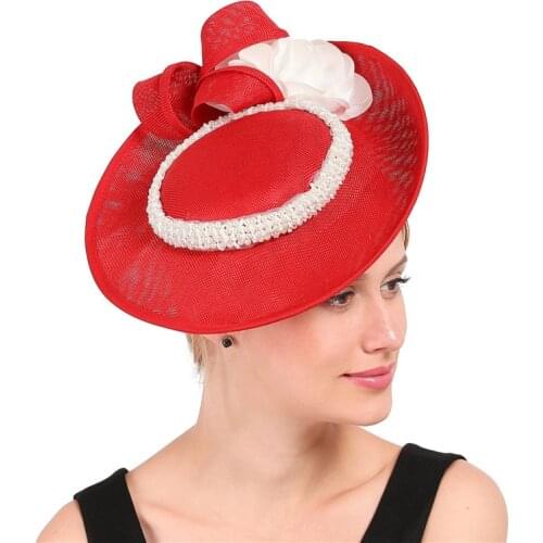 Women Formal Dress Red Big Fascinator Hats With White Flower Headwear Hair Clips Fancy Ladies Wedding Pary Hair Accessories