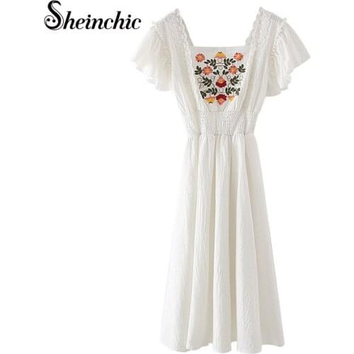 White Cotton Embroidery Midi Dresses for Women 2021 Summer Casual Elegant Floral Pleated Beach Dress Vestido De Mujer