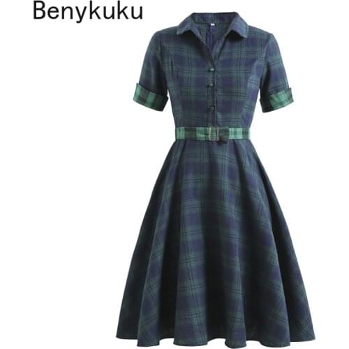 Green Blue Plaid Vintage Women Button Up Shirt Dress with Belt 2021 Spring Female Cotton Tunic Elegant Ladies Midi Swing Dresses