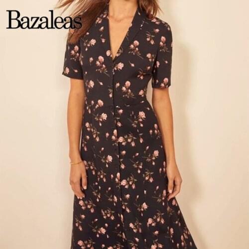 Bazaleas Fashion Dresses Vintage Pink Flowers Print vestidos France Center Buttons Black Dress Short Sleeve women Dress