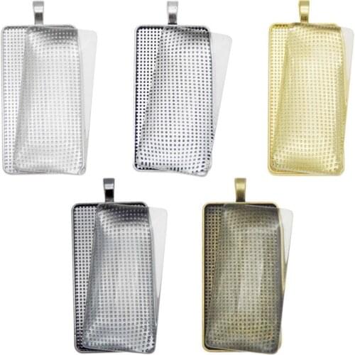 5Set/lot Rectangle base + Glass Necklace Pendant Jewelry Making Alloy Rectangle Cameo Setting Tray Inner 50*25mm 61*27mm Pendant