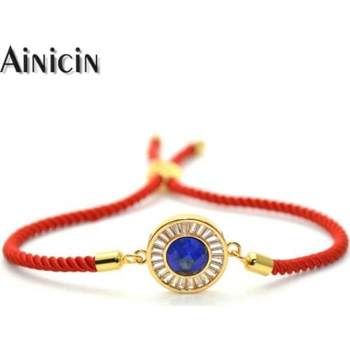 5pcs Natural Lapis Faceted Surface Round Charms Bracelets Red Rope Sliding Clasp Adjustable Bracelets For Women Jewelry