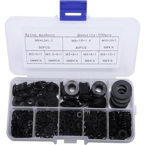500Pcs M2 M2.5 M3 M4 M5 M6 M8 M10 Black Plastic Nylon Washer Flat Spacer Seals Washers Set Gasket Ring Kit