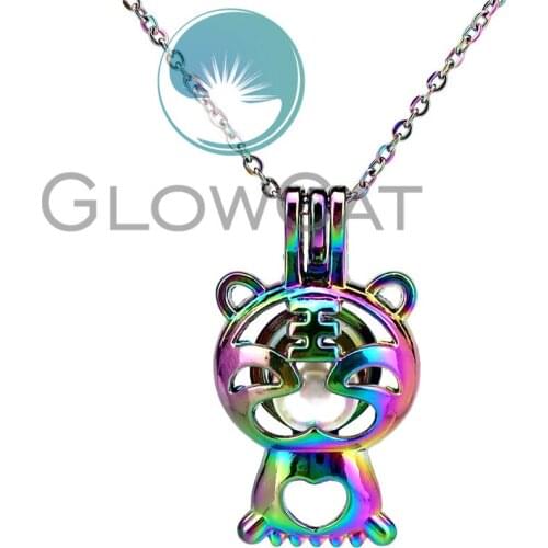 CC907 Rainbow Cute Tiger Beads Cage Pendant Aroma Essential Oil Diffuser Oyster Pearl Cage Locket Necklace