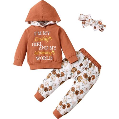 Newborns Baby Girl Clothes Fresh Letter Long Sleeve Hooded Tops Flower Long Pants Headband 3Pcs Cotton Clothing Sets 0-24M Baby
