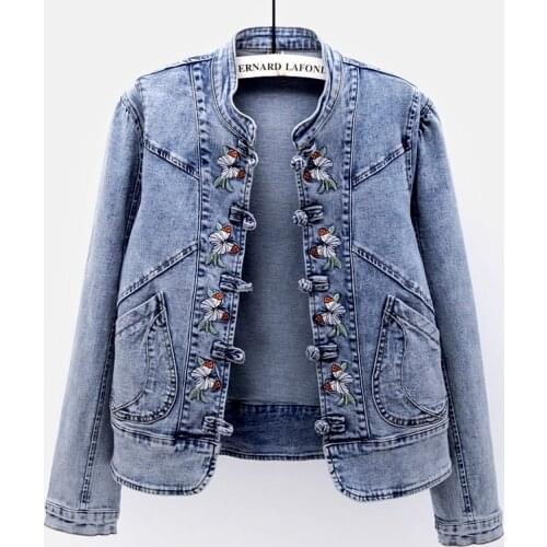 Vintage Blue Embroidery Denim Jacket Women Autumn Korean Style Slim Outerwear Stand Collar Long Sleeve Short Jeans Jacket Female