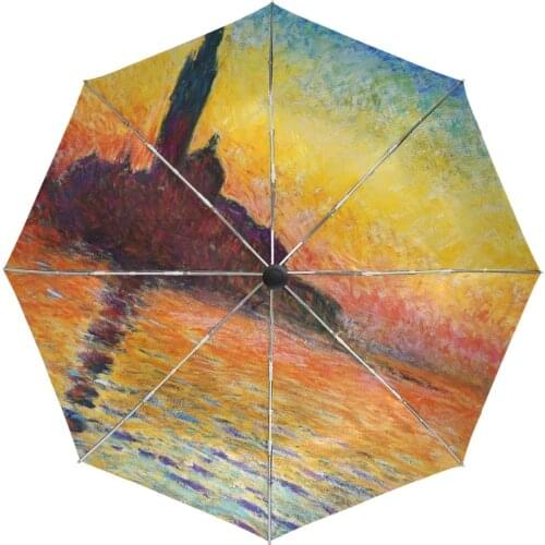 Monet Painting Windproof Umbrellas Automatic Golf Strong 3 Folding UV Protection Lightweight Umbrella with Slip-Proof Handle