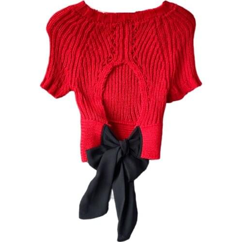 Spring And Autumn New Style Hollow Halter Lace-up Waist Slimming Short Sexy Umbilical Crop Top Womens Short-sleeved Sweater