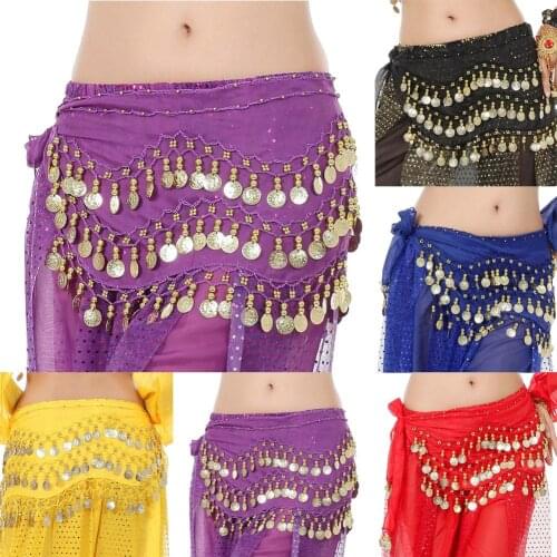 SANWOOD Fashion female Belly Dance Hip Belt 3 Row128 Golden Coins Belt Scarf Dance Waist Chain for Women