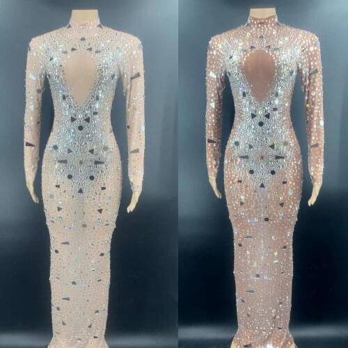 Luxury Sequins Crystal Evening Long Dress Women Bodycon Birthday Party Perspective Rhinestone Dress Sexy Singer Stage Costumes