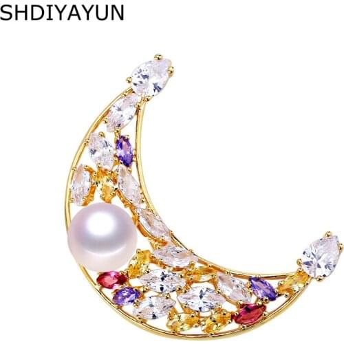 SHDIYAYUN 2019 Pearl Brooch For Women Moon Brooches Pins Natural Freshwater Pearl Fine Jewelry Accessories High Grade Jewelry