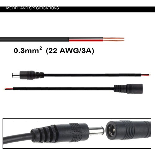 22AWG 0.3mm 5.5X2.1mm Female / Male DC Power Plug Connector Cable 15cm 28cm 50cm For LED Strip 5050 3528 5630