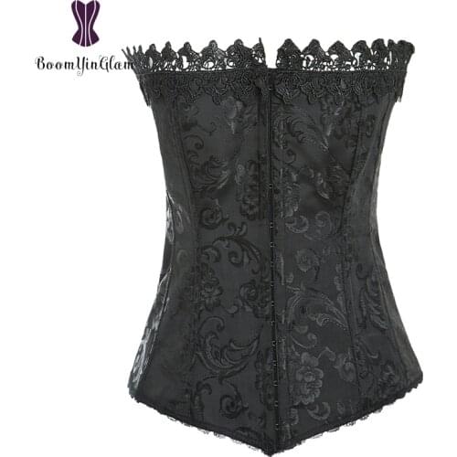 3 Hooks Closure Vintage Womens Sexy Lingerie Jacquard Spandex Boned Corset Bustier With G String 895