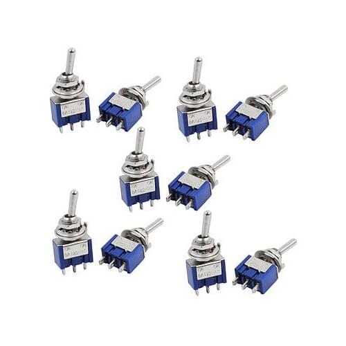 10pcs Self Locking Miniature Toggle Switch Blue 3 Pin SPDT On/On AC125V 6A