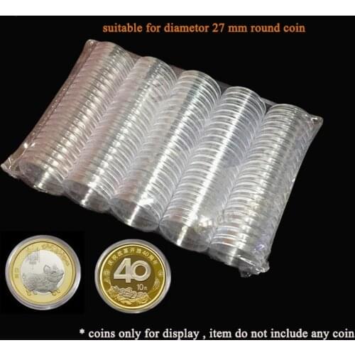 100 pcs 27mm Clear Plastic Round Case Coin Storage Capsules Holder Round protect shell for diameter 27 mm