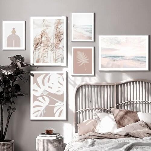 Sunlight Sea Beach Reed Monstera Abstract Wall Art Canvas Painting Nordic Posters And Prints Wall Pictures For Living Room Decor