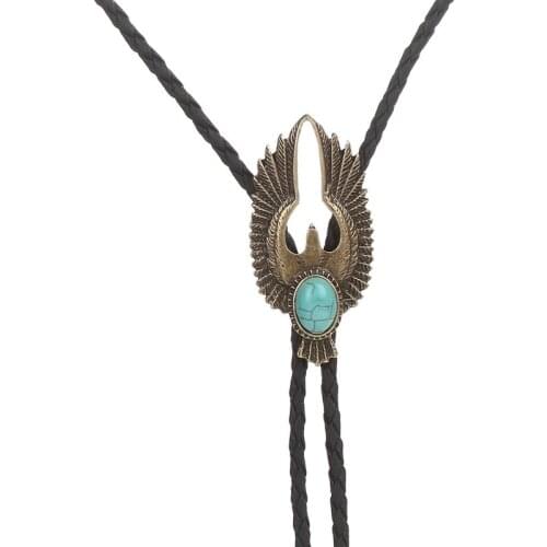Turquoise Man Bolo Tie Western Cowboy Eagle Vintage Women Sweater Shirt Chain Pendant Style Bola Tie PU Leather Necklace Kravat