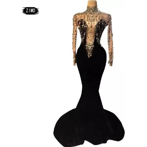 Elegant Evening Wedding Party maxi dress long sleeve Rhinestones Crystal Velvet Mermaid Dress for Women Sexy Prom Stage Costumes