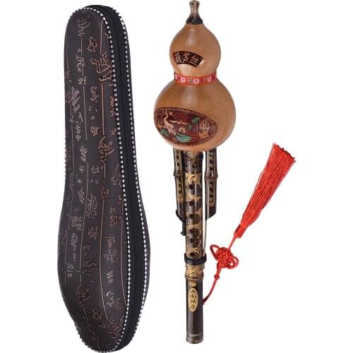 Chinese Handmade Hulusi Black Bamboo Gourd Cucurbit Flute Ethnic Musical Instrument Key of C with Case for Beginner Music Lovers