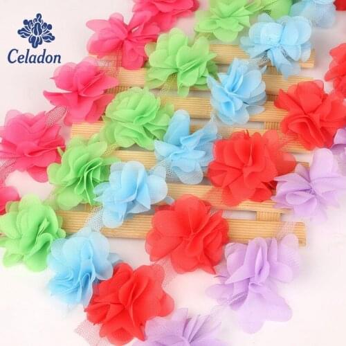 24 head 3D Chiffon Cluster Flowers Lace Dress Decoration Lace Fabric Applique Trimming Sewing Supplies 2yards