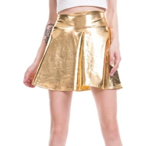 INDJXND Summer Sexy Laser High Waist Mini Skirt Club Party Dance Shiny Holographic Metallic Pleated Casual Solid Black Bottom