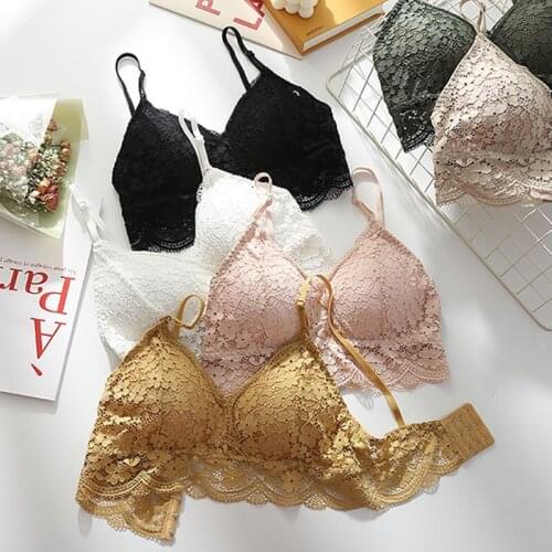 Sexy Lingerie Ladies Gather Padded Wire Free Bras French Style Solid Color Lace Cutout Underwear Womens Intimates