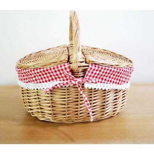 Country Handmade Wicker Basket With Handle Wicker Camping Picnic Basket With Double Lids Storage Hamper Basket With Cloth Lining