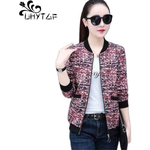 UHYTGF Womens Spring Autumn Jacket Print Zipper Vintage Short Coats Korean Loose 5XL Plus Size Outerwear Female Thin Tops 1537