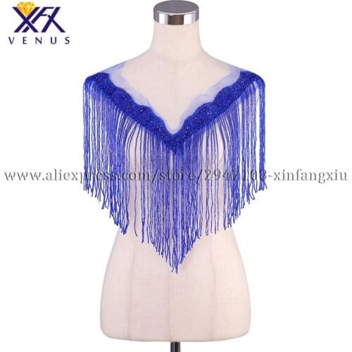 XFX VENUS Wholesale new blue wedding embroidered crystal beaded tassels style V neck with fashion blue color beaded appliques