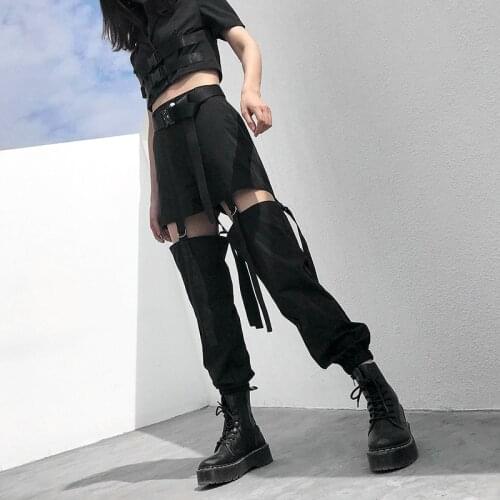2021 Hip Hop High Waist Cargo Pants Women Buckle Track Pants Joggers Street Style Trousers Adjustable Hollow Out