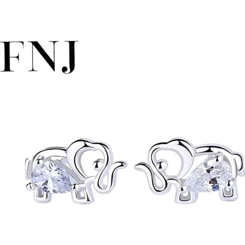 FNJ Elephant Earrings 925 Silver Jewelry Original Pure S925 Sterling Silver Stud Earring for Women White Zircon