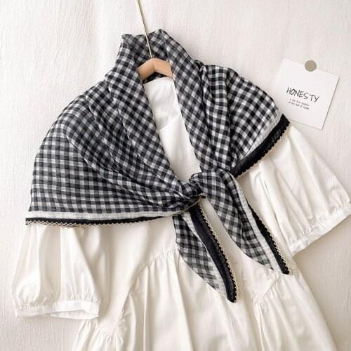 90*90 cm Cotton Linen Square Scarf For Women Black White Check Plaid Print Head Scarves Lady Summer Sunscreen Hijab Headwear
