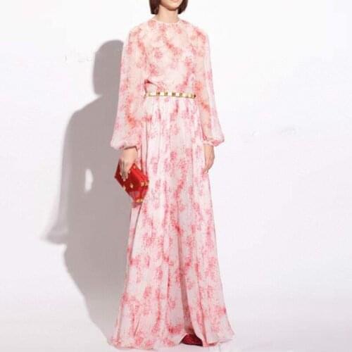 2021 Autumn New Long Dresses Women Fashion Designer Lantern Sleeve Flowers Printed Runway Elegant Party Dress